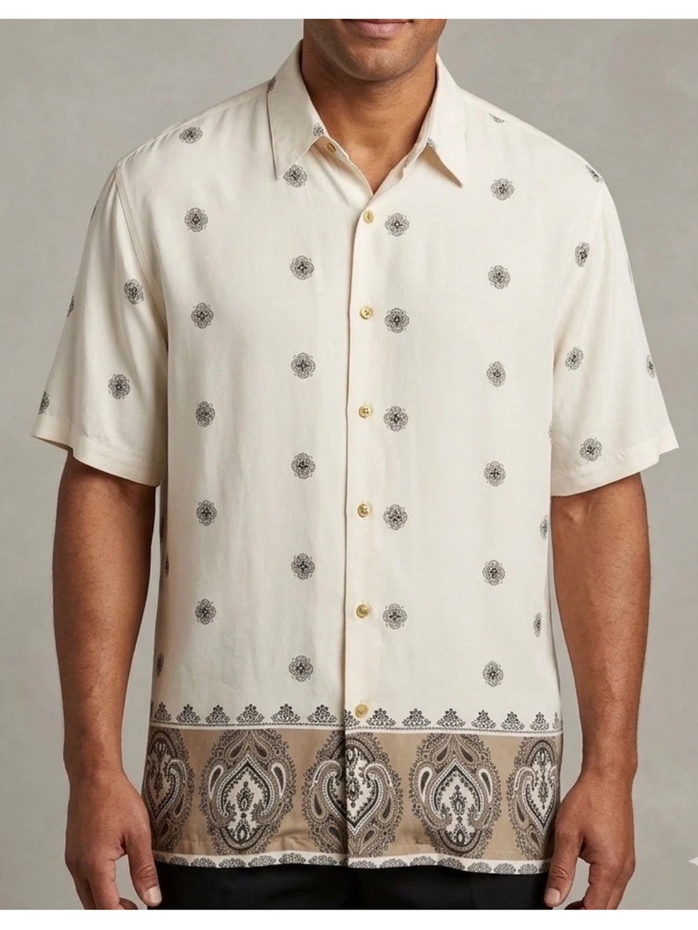 SOBRINO Ivory Multi Paisley Trimming Short Sleeves Button Down Shirt Sz XXL